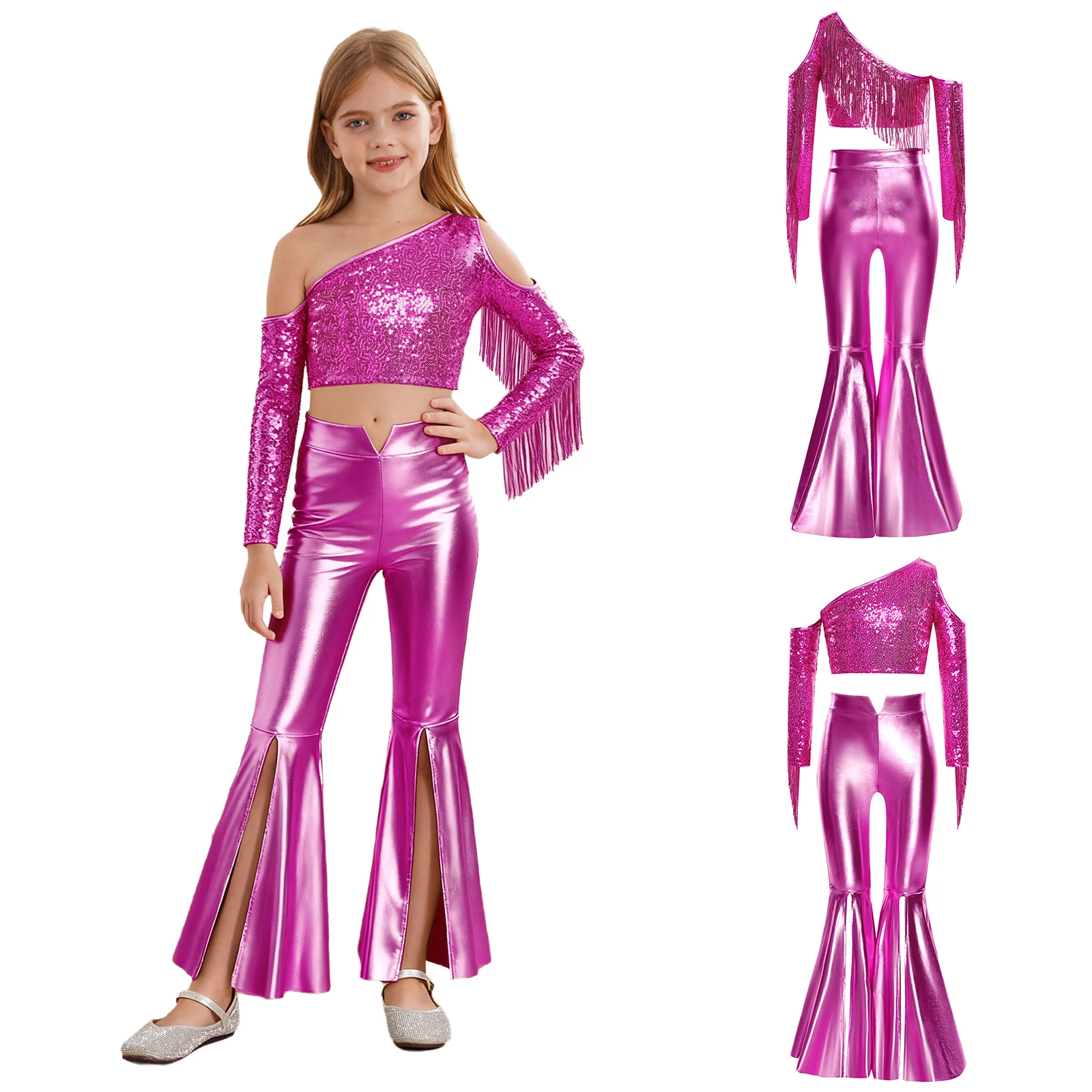 Kids Girls 80s Disco Dance Costume One Shoulder Long Sleeve Crop Top with Bell-bottoms for Lyrical Belly Jazz Dance And Pageant
