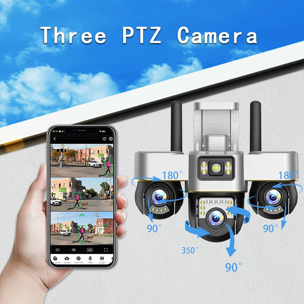Cámara WiFi 8K 15MP Cámara de seguridad exterior Tres pantallas Tres lentes PTZ 360 °   Cámaras de vigilancia CCTV de protección de seguridad V380