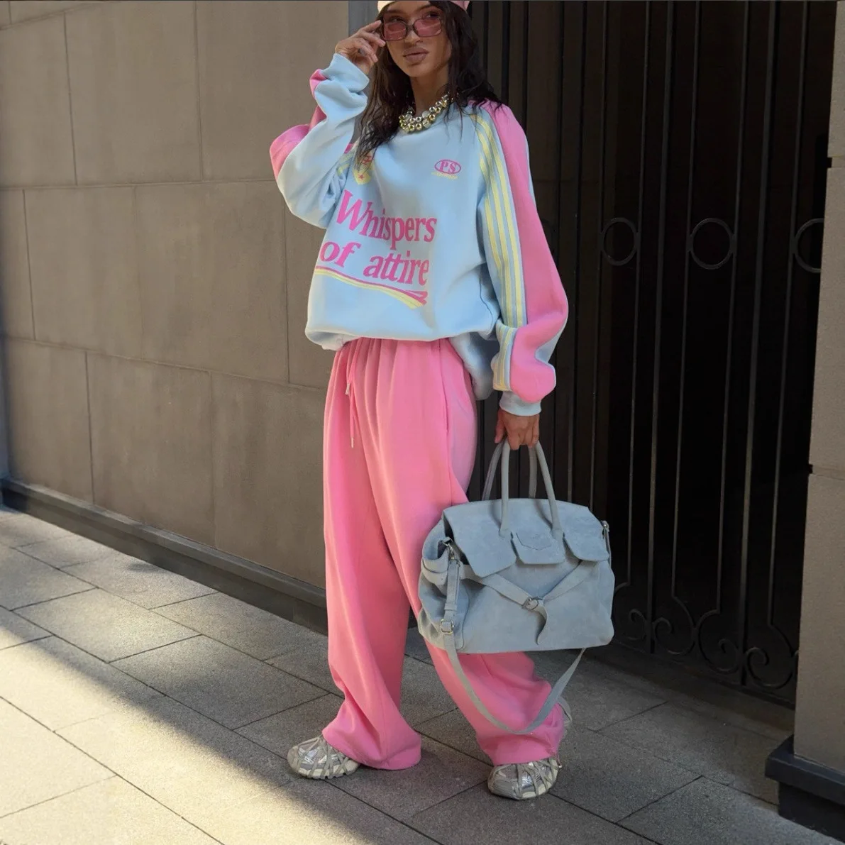 

European American 2025 New Arrival Women's Suit Set High-end Autumn and Winter Hoodie with Color Block Pants Two-piece Outfit