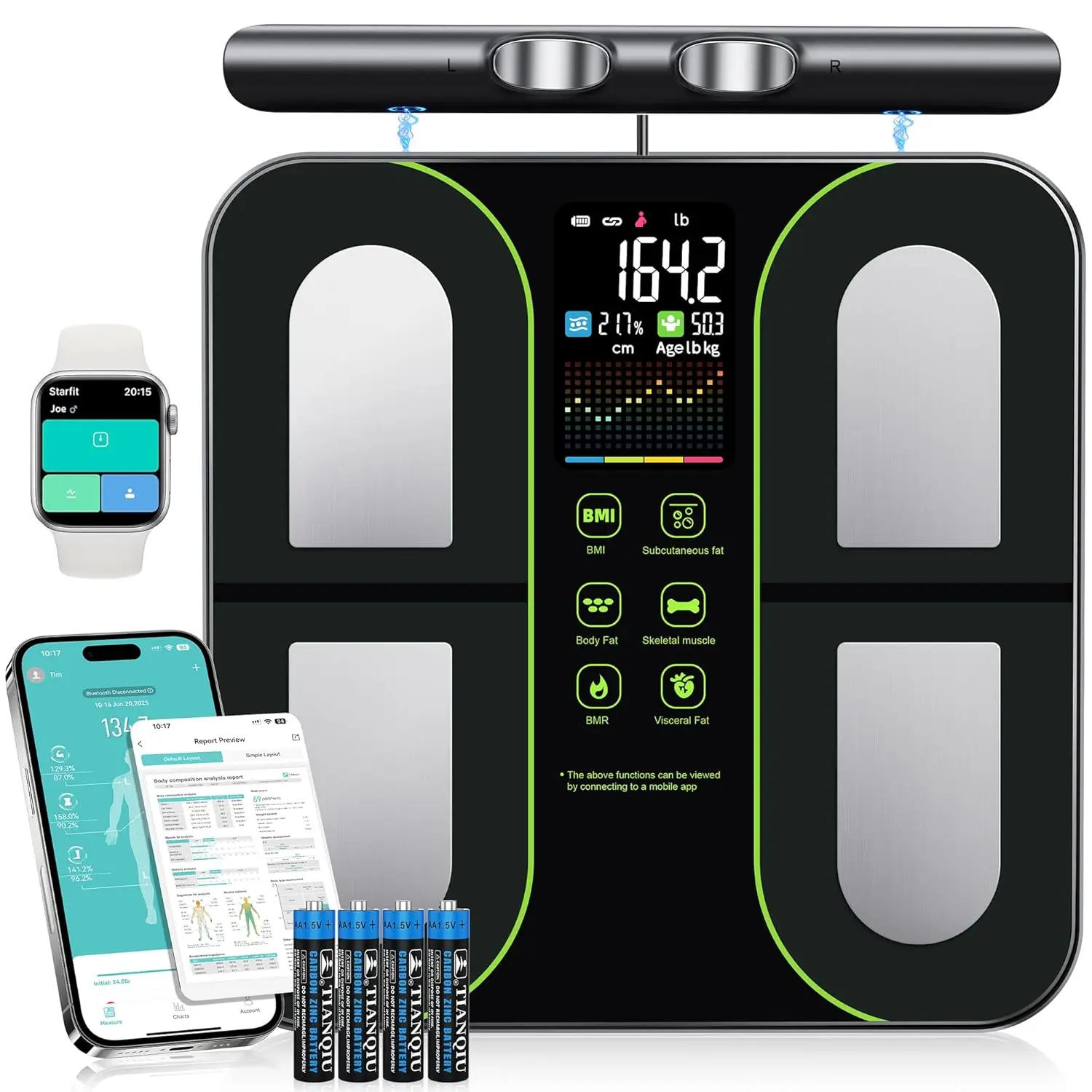 

Smart Bathroom Scale with 8 Electrodes, BMI Body Fat Analysis, Color Screen & Handle up to 400lbs