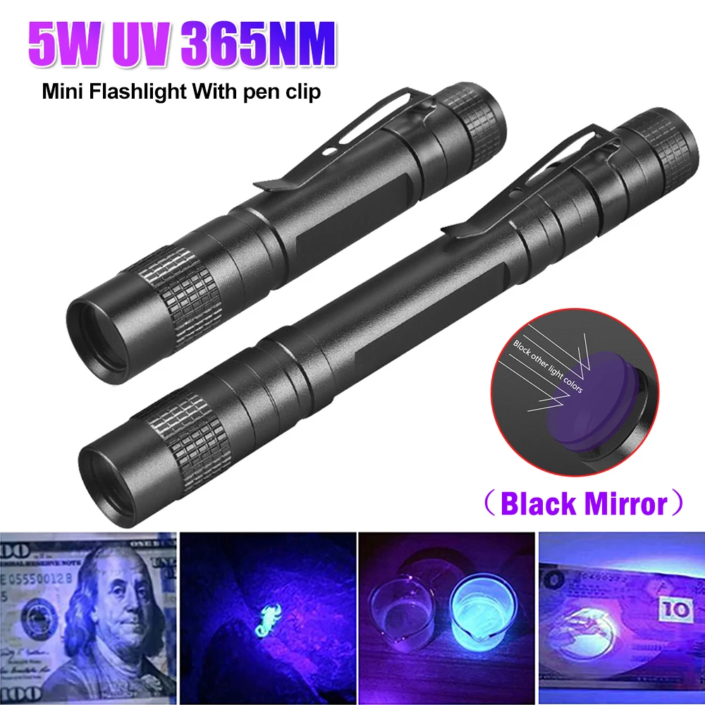 5W Mini 365nm UV Flashlight Ultraviolet Blacklight Portable Pocket Black Mirror Purple Pen Clip Light Carpet Pet Urine Detector