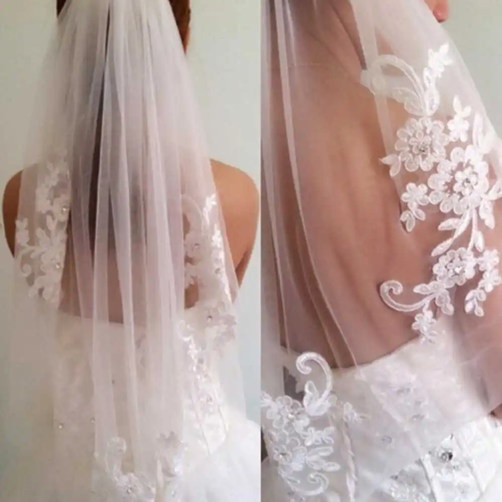 เอวสั้นความยาวเจ้าสาวลูกปัด Applique สั้น Veils Bridal Beaded เจ้าสาวราคาถูกผ้าคลุมหน้างานแต่งงาน