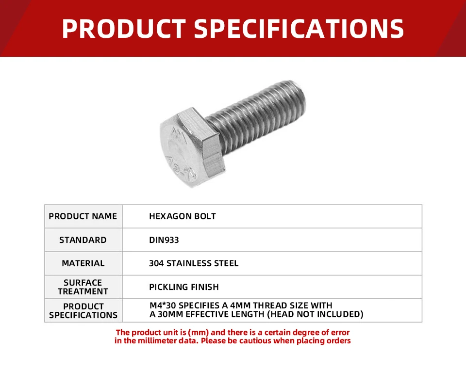 INOX Edelstahl Sechskantschraube DIN933 Vollgewinde Sechskant-Maschinenschraube SS304 SS316 Metrischer Befestiger M3 M4 M5 M6 M8 M10 M12 – Detail 6