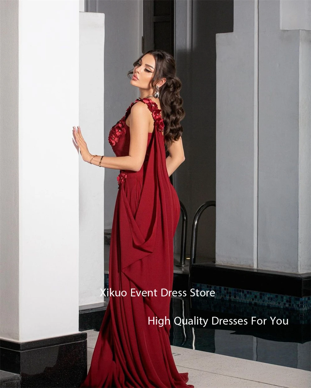 Xikuo Anmutiges Satin-Abendkleid, eine Schulter, 3D-Blumen, Party-Abschlussballkleid, ärmellos, A-Linie, plissiert, Promi-Kleid, individuell gestaltet