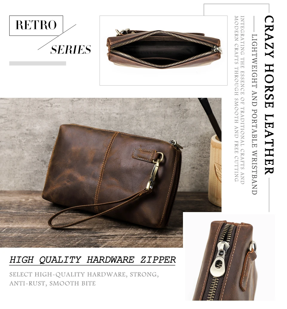 CONTACT'S Vintage Herren Clutch Bag RFID Echtes Leder Clutch Wallet Bag Casual Lange Geldbörse Große Kapazität Reisehandtasche Männlich – Detail 2
