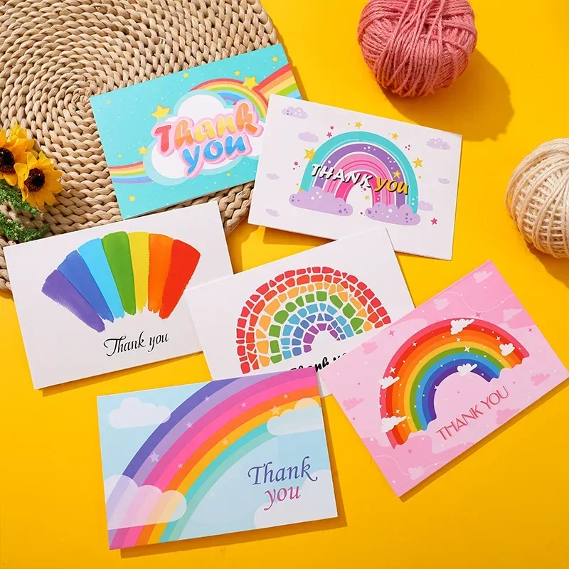 6Pcs/Lot Rainbow Thank You Card Folding Greeting Cards Blessing Card Birthday Wedding Xmas Party Invitation Cards With Envelopes