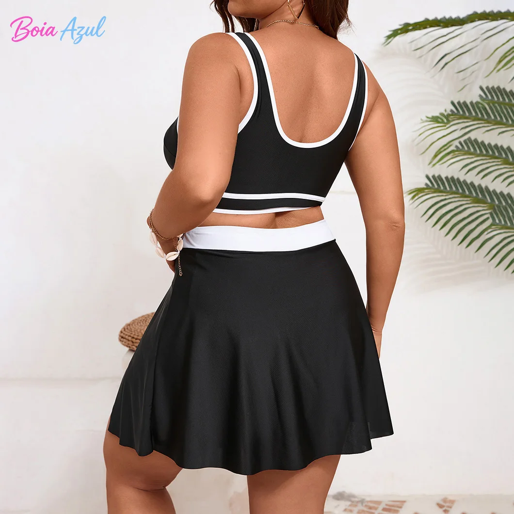 Plus size black and white contrast tankini two-piece swimsuit U-neck dress-style women's beachwear sexy backless swimsuit L-5XL view 4