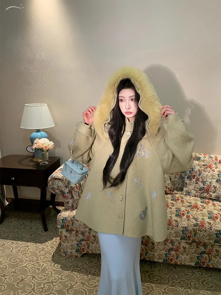 

PITAO Original Yehel Qingtan Double-Faced Woolen Coat New Chinese Sle Warmth Women's Faion Outerwear Winter Season