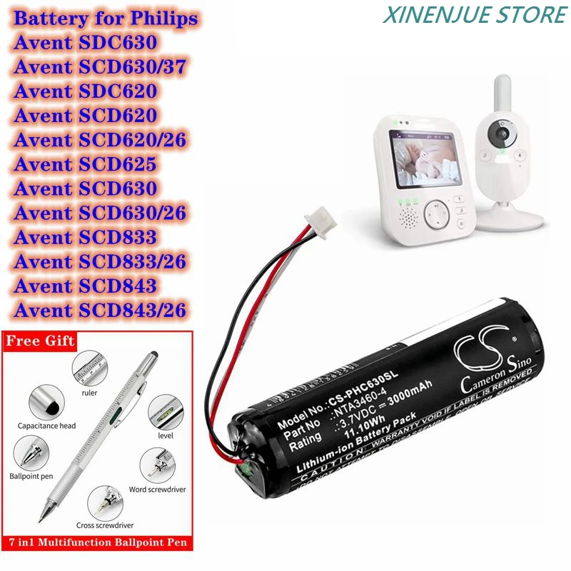 Baby Monitor Battery 3.7V/3000mAh NTA3460-4,NTA3459-4 for Philips Avent SCD630,SCD620,SCD625,SCD833,SCD843