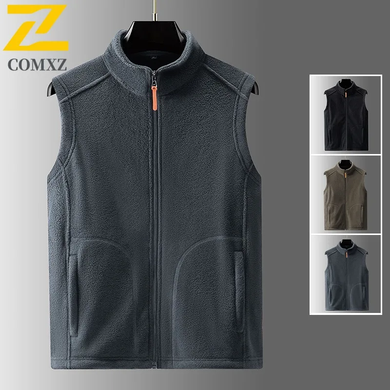 

COMXZ 2025 зимний жилет мужской флисовый спортивный однотонный жилет для рыбалки на открытом воздухе, красивый теплый жилет без рукавов