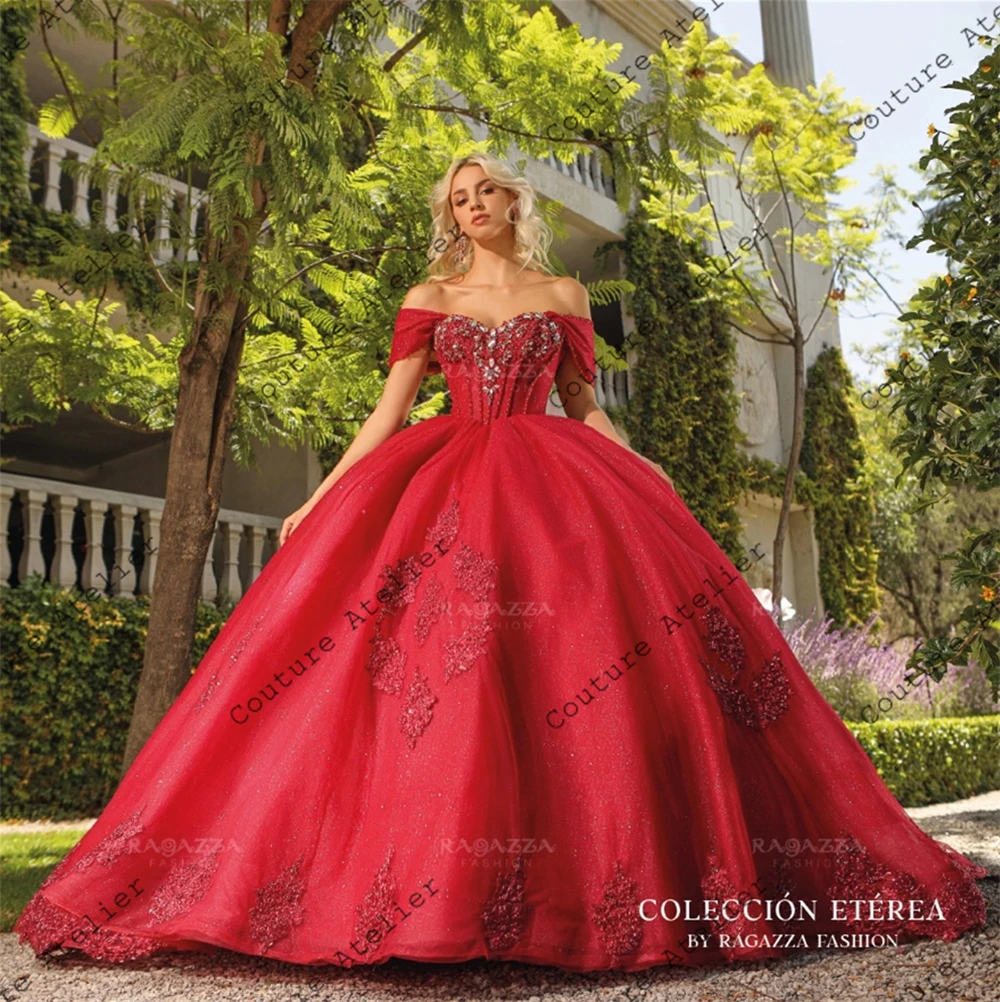 Red Crystal Corset Beaded Quinceanera Dresses Ball Gown 2024 Off The Shoulder Princess Sweet 16 Dresses Wedding Gown Luxury