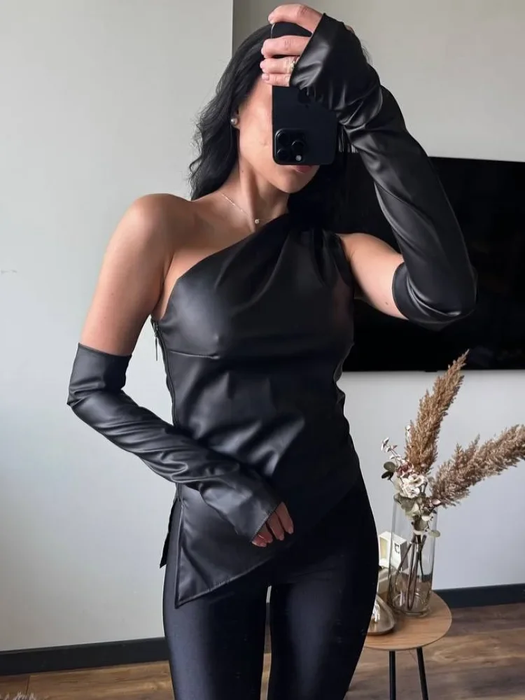 PU Leather Vest Top With Removable Sleeves Off Shoulder Hot Girl Tanks Fashion Streetwear Female Slim Irregular Top