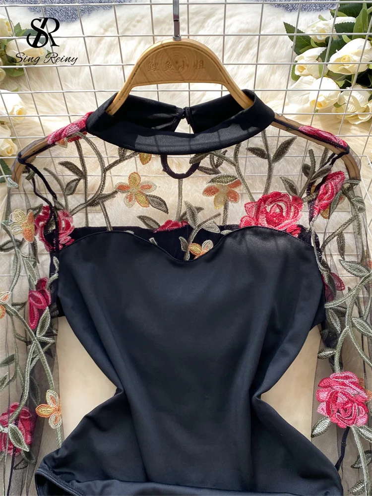SINGREINY Vintage Embroidery Gauze Sexy Bodysuits Stand Collar Long Sleeve Playsuits Fashion Spliced Women Open crotch Rompers - Image 2