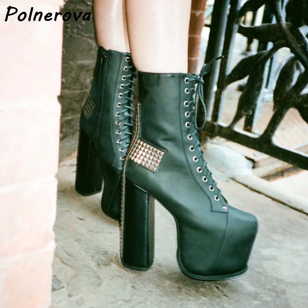 

Cross Rivet Platform Ankle Boots Lace Up Square Heels Sewing Solid Black Shoes Women's Fashion Winter Sexy Dark Punk Short Boots