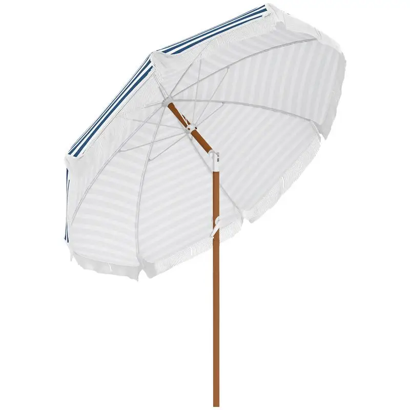 

7x7 ft Outdoor Patio Umbrella with Tilt, Vent, Market Table Parasol, Fringed Ruffles, Blue Stripes