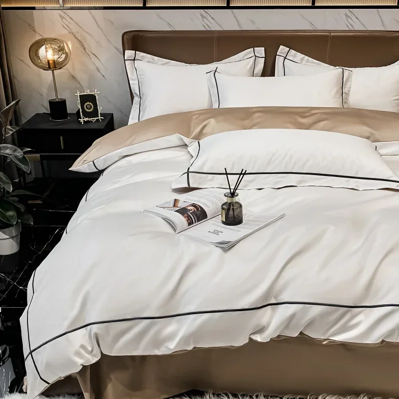 

Luxury Embroidery Duvet Cover Fitted/Flat Sheet Pillowcase Egyptian Cotton Bedding Set Home Textiles 600TC Soft Silky Bed Linens