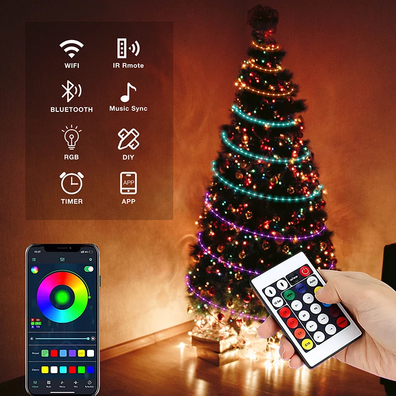 Imagem -04 - Dreamcolor Led String Fairy Lights Guirlanda Bluetooth Usb 5v 50 Pés 15m Rgb Endereçável Festa Natal Decoração de Casamento