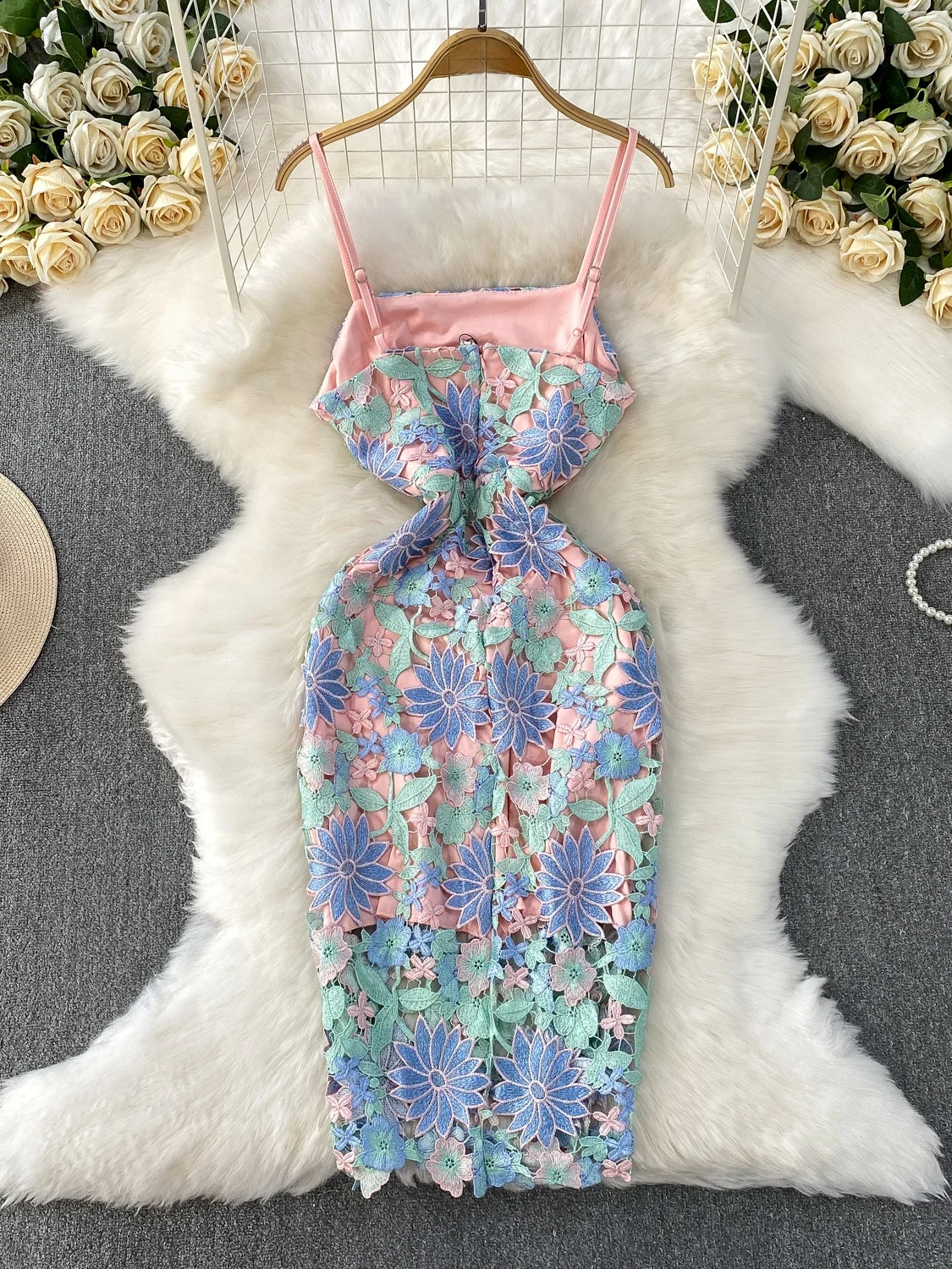 Ele Hollow out Soluble Lace Strap Dr Women's Summer Vaion High Waist Slimming Morning Robe Gown Long Dr