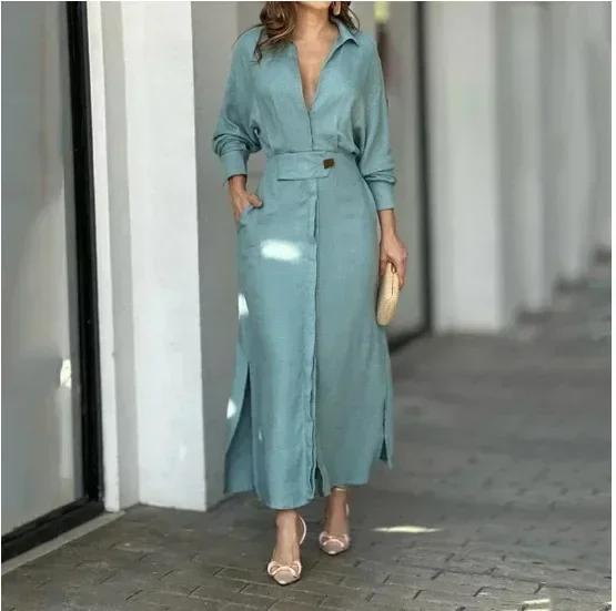 

Women V Neck Full Sleeve Dress Side Split Single Breasted Long Skirts Loose Casual Splice Dresses Maxi Spring Autumn Vestidos