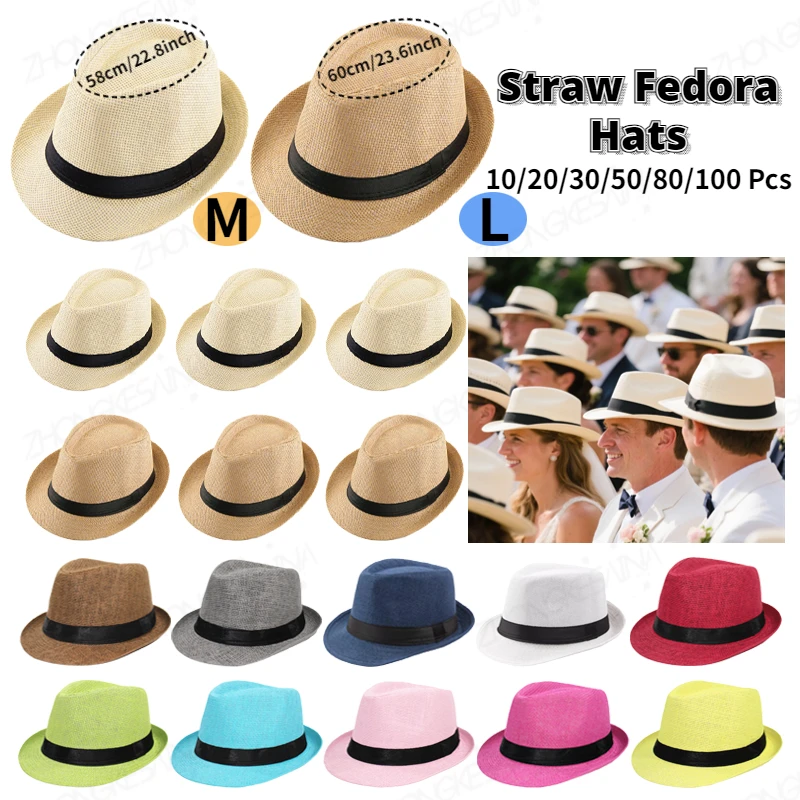 

10-100PCS Wedding Straw Fedora Hats for Men Women Panama Hat for Party Costume Unisex Short Brim Cap Wedding Birthday Favors