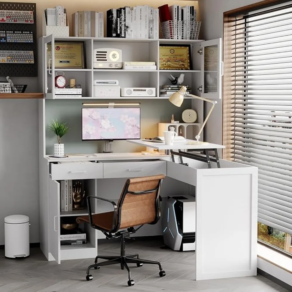 

L-Shaped Office Desk with Lift-Up Top,Corner Computer Desk File Drawer and Bookshelves, Gaming Desk with Tempered Glass Doors