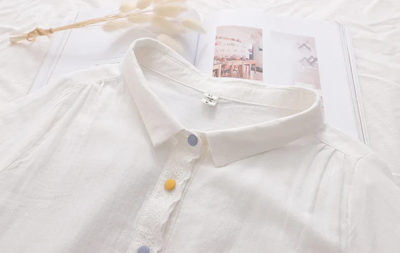 New Summer Cotton Embroidery Shirt Women Lapel Short Sleeve Lace Literature Tops Girl Loose Casual Blouses 2024 Autumn T45804QC