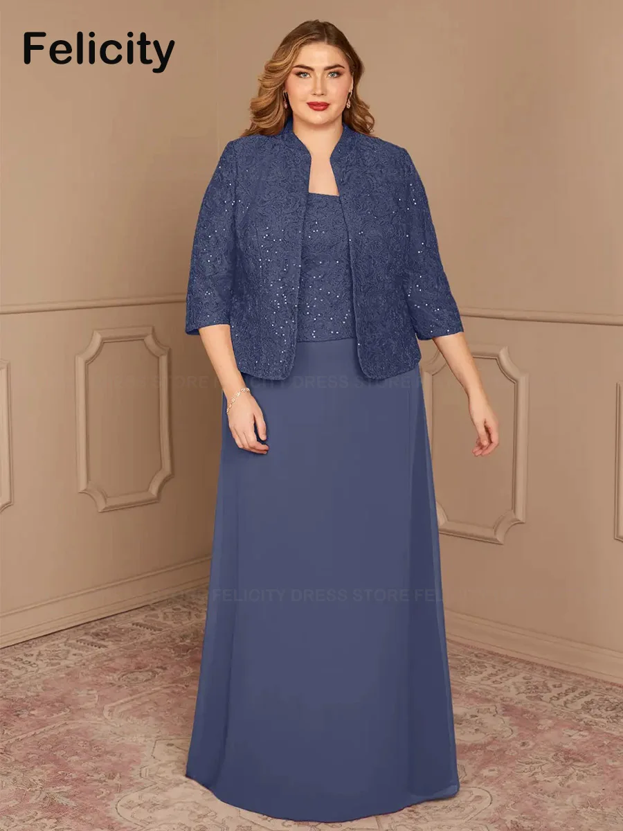 Plus Size Two Piece Mother of the Bride Dresses 2023 Sheath Lace with Jacket Sequins Wedding Guest Dresses فستان حفلات الزفاف