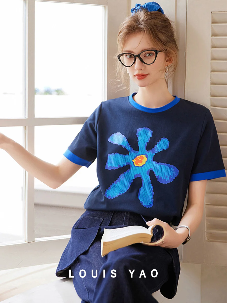 

LOUIS YAO 2025 Summer Color Contrast Printed Short Sleeved T-shirt Color Blocked Loose Casual Versatile T-shirt for Women