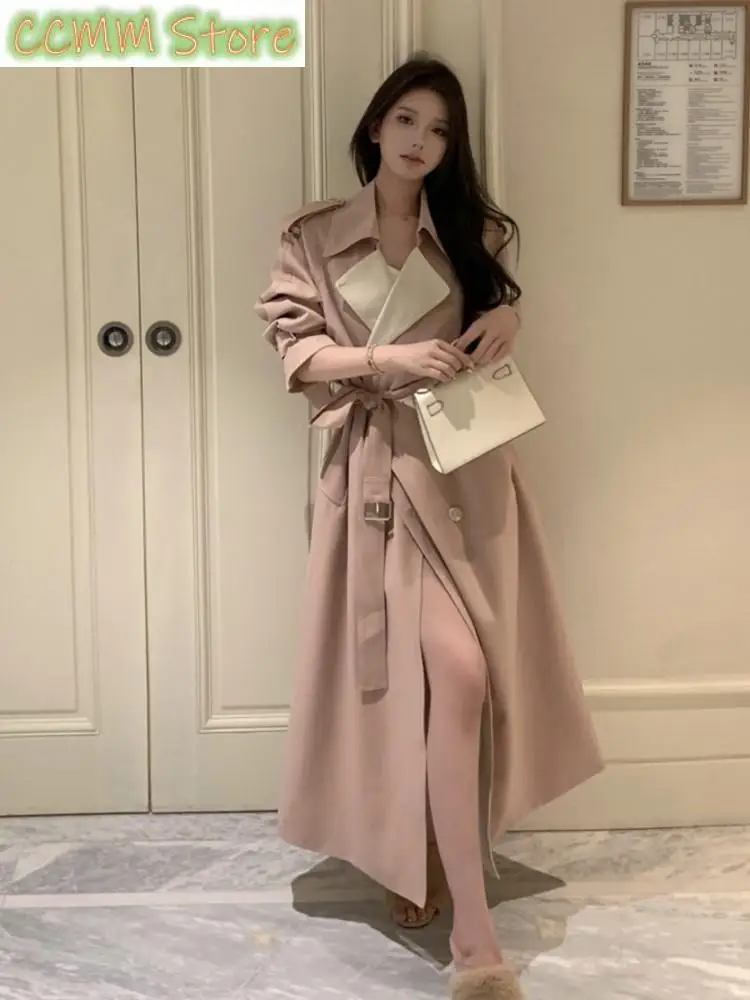 

Women Casual Solid Long Trench Coat With Belt Spring Autumn Fashion Double Breasted Windbreaker Korean Elegant Jackets Outerwear