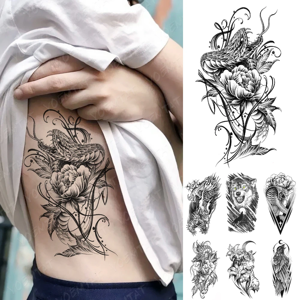 

Dark Snake Waterproof Temporary Tattoos Sticker Cobra Dragon Wolf Rose Peony Line Tatto Women Men Arm Sleeve Body Art Fake Tatoo