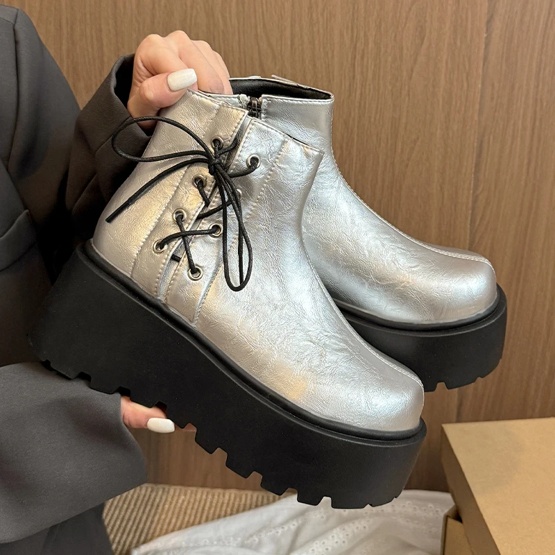 

Женские ботильоны на платформе, модная обувь на плоской подошве со шнуровкой, повседневные новые дизайнерские ботинки челси, 2025 год, зимние прогулочные ботинки Botas Para Mujer