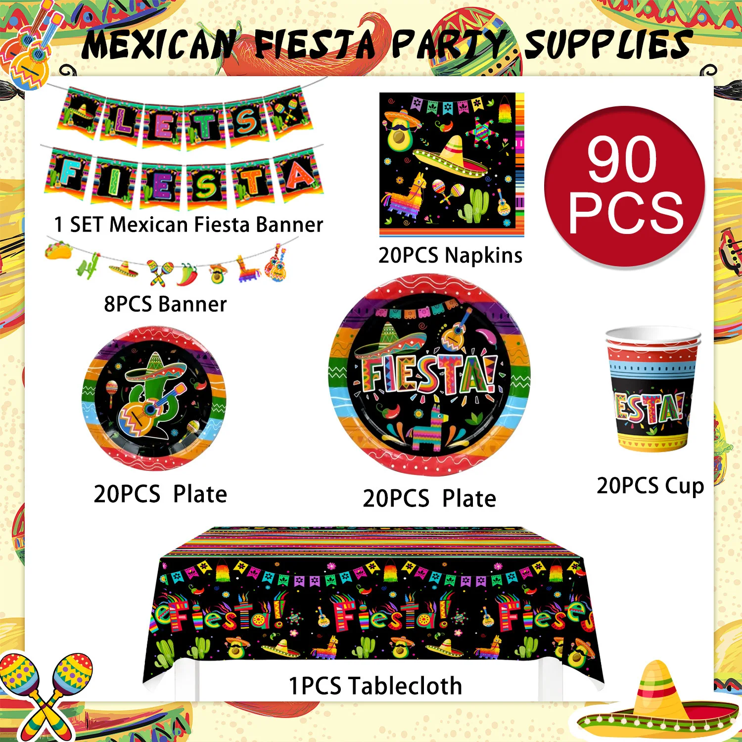 Mexican Themed Fiesta Party Supplies,90pcs Paper Tableware Set Includes Mexican Fiesta Plates Cups Napkins etc for 20 Guests