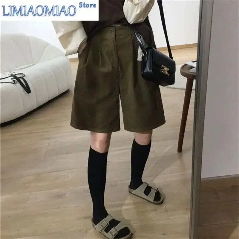 Women's Retro Corduroy A-line Wide Leg Shorts Summer Street Cropped Trousers Young Girl Casual Bottom Female Knee Length Pants
