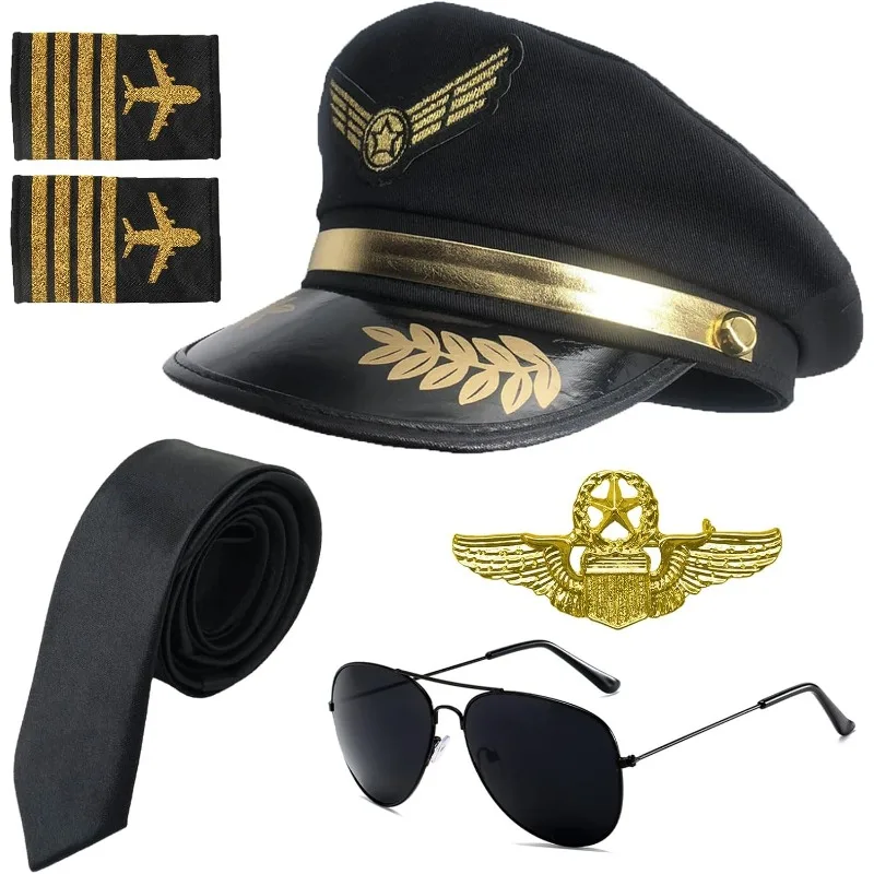 Ensemble d'accessoires de Costume de pilote, Kit de Costume de capitaine de pilote de compagnie aérienne avec lunettes de soleil d'aviateur, ensemble d'accessoires de déguisement
