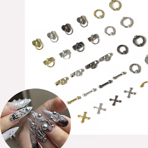 50pcs Vintage Gothic Style Nail Art Charm Alloy Gold/Silver Glitter Hollow Cross Circular Ring Nail Decoration Luxury Nail Parts