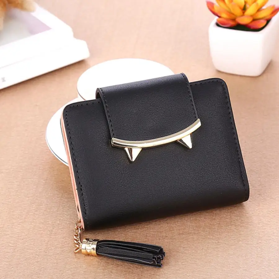 Simple Women Solid Cat Ears Wallet Cute Tassels Female Short Coin Purse Korean Version Girl Card Package