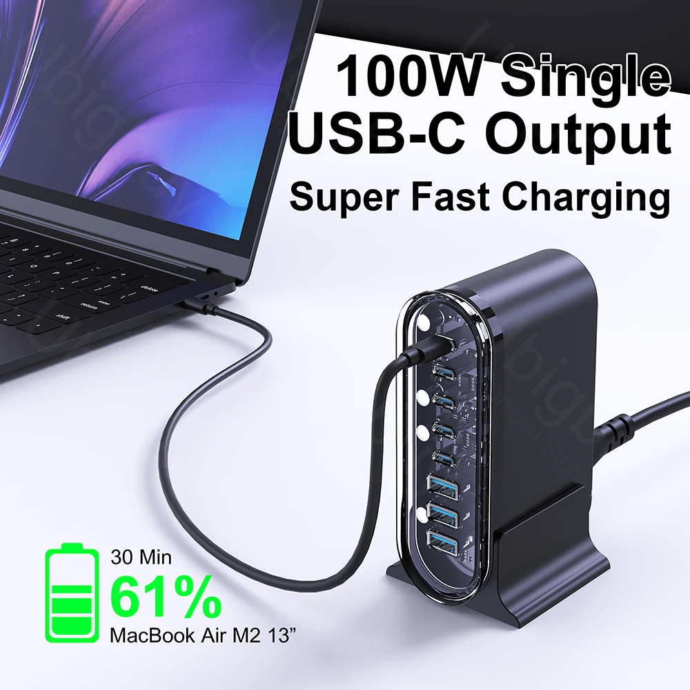 Ubigbuy 268W Ładowarka biurowa GaN 8-portowa ładowarka PD USB-C Szybkie ładowanie 3.0 USB typu C PPS Szybkie ładowanie dla MacBook iPhone Samsung