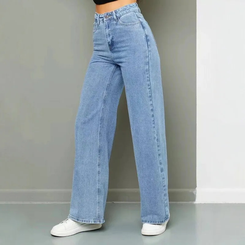 High Waist Loose Fit Button down Denim Jeans Women's Korean Style Casual Straight Leg Pants Commute Versatile Washed Effect