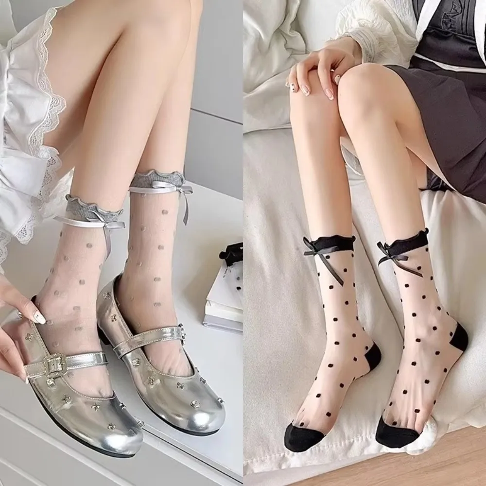 

Sweet Ultra-thin Lolita Socks Soft Crystal Silk Polka Dot Sock Breathable Elastic Mid Tube Sock Girls
