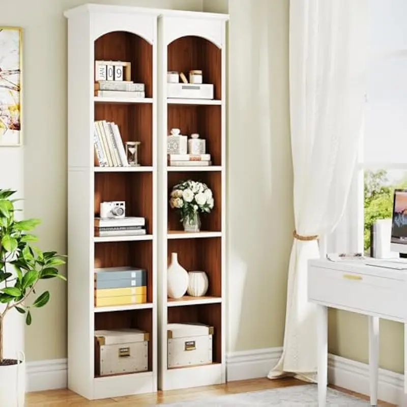 Tall slim 5-tier cube shelving unit set of two floor-standing engineered wood display racks white oak finish space saving narrow