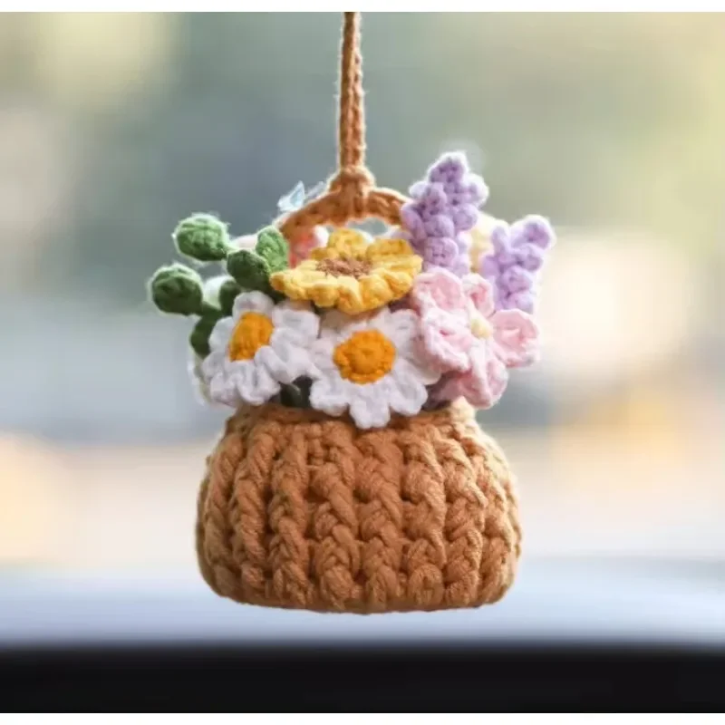 

Ornament Handmade Knitted Crochet Potted Plant Rearview Mirror Hanging Pendant Auto Interior Decoration Accessories