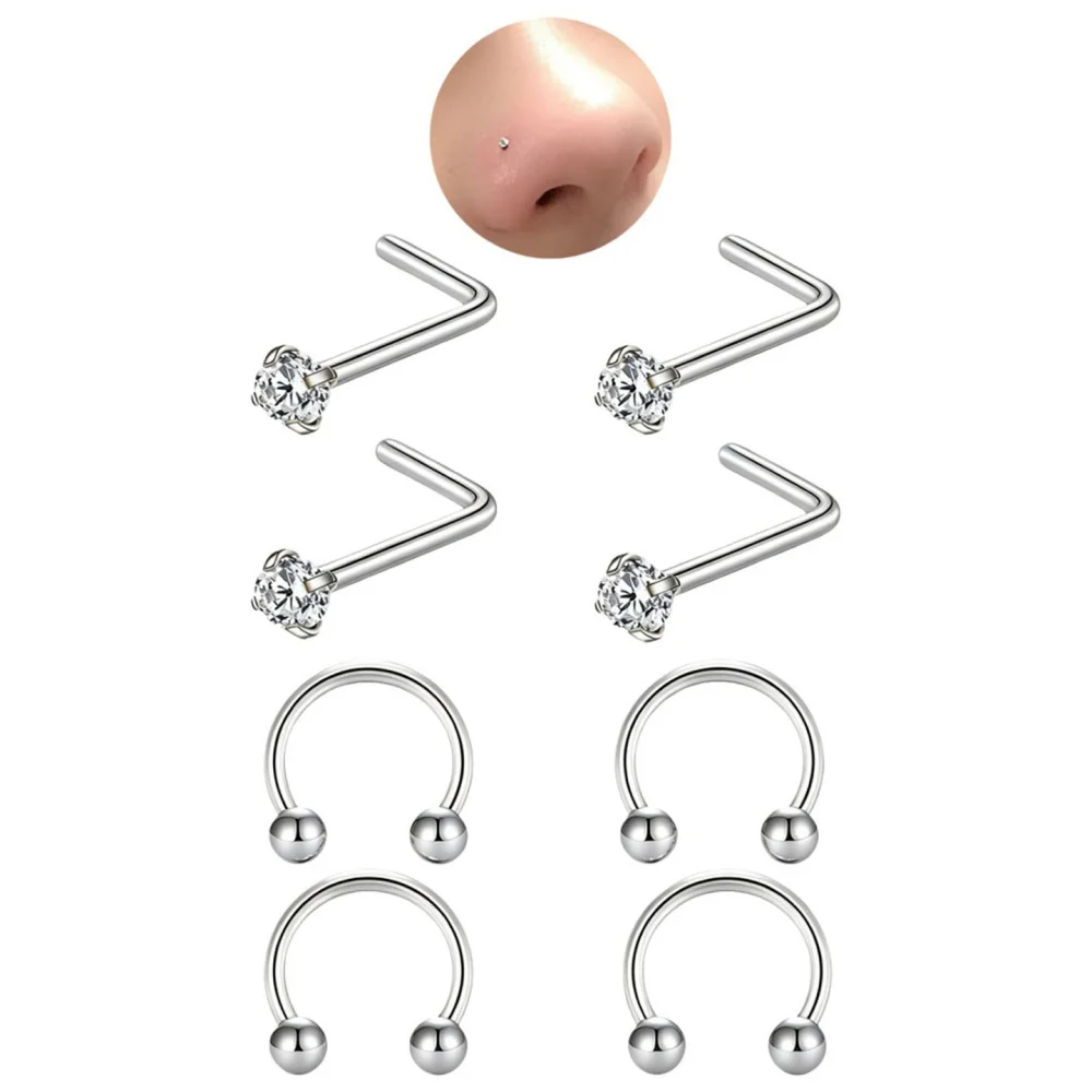6/8Pcs Hypoallergenic Stainless Steel Nose Ring Set Septum Horseshoe L Shape Corkscrew Nose Studs Hoops 16G 20G Piercing Jewelry