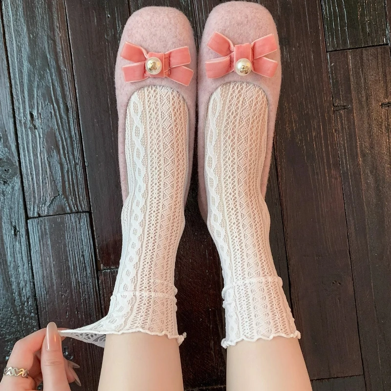 2 paia di calzini lunghi scavati in pizzo a rete da donna calzini femminili solidi retrò estivi sottili casuali di base per ragazze dolci