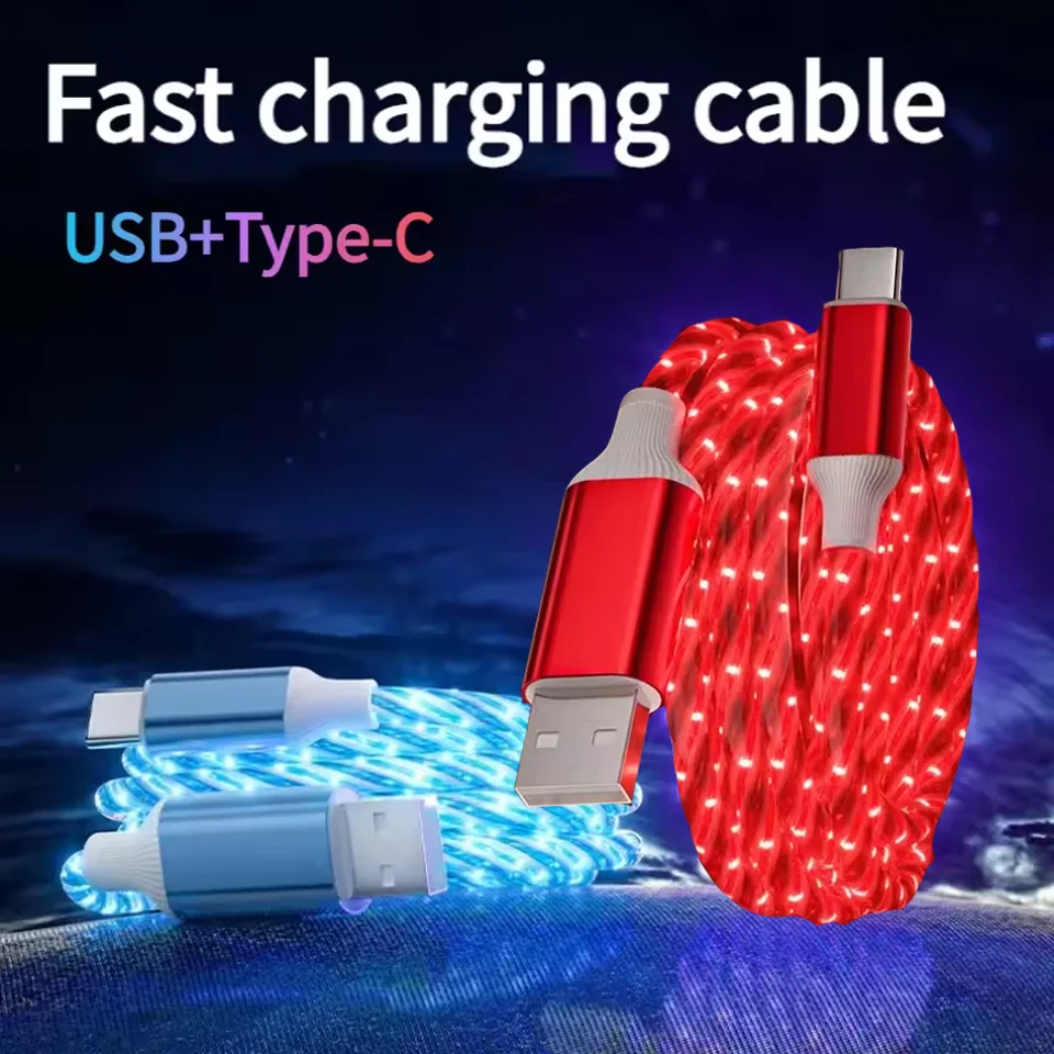 Cable LED luminoso 3 en 1 para Samsung, Xiaomi, iPhone, con luz fluida, cargador rápido, cable USB C, cable luminoso tipo C