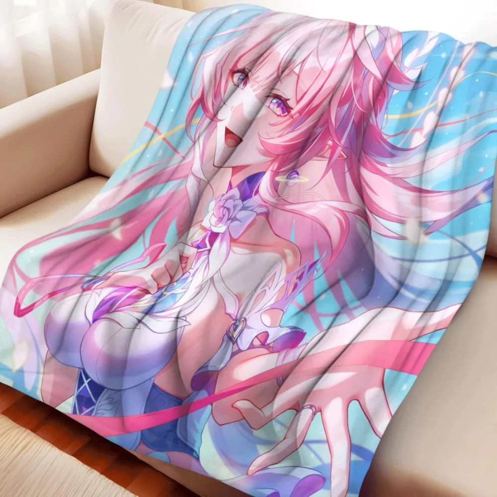 Anime Flannel Throw Blanket Elysia Pink Long Wavy Hair Purple Eyes Elf Ears White Purple Dress Flower Detail Warm Sofa Bedding
