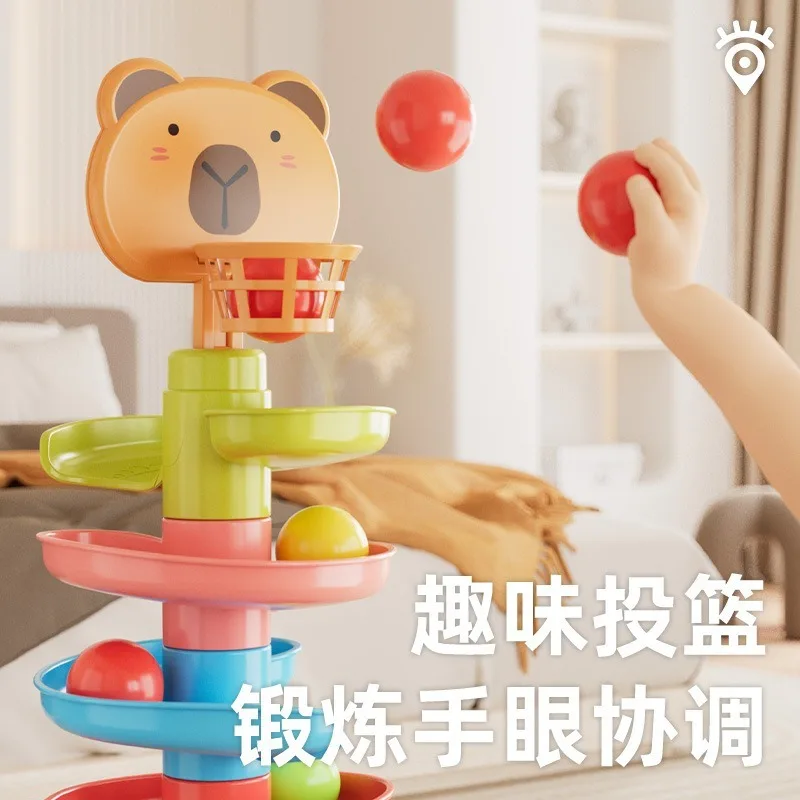 Baby Stacking Toys Montessori Puzzle Track Turn Around Track Rolling Ball Sliding Toys Early Educational Assembling Toy for Kids