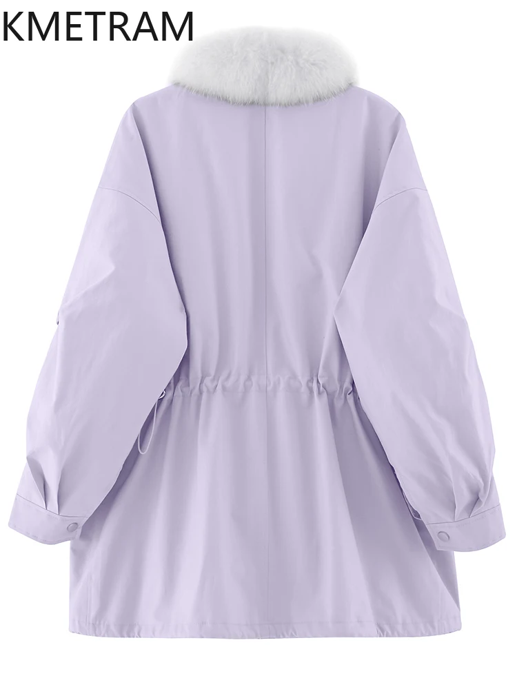 KMETRAM Natural Rex Rabbit Fur Lining Fur Jacket Fox Fur Collar Parka Coats MId Length Winter Woman Clothing 2025 ropa mujer