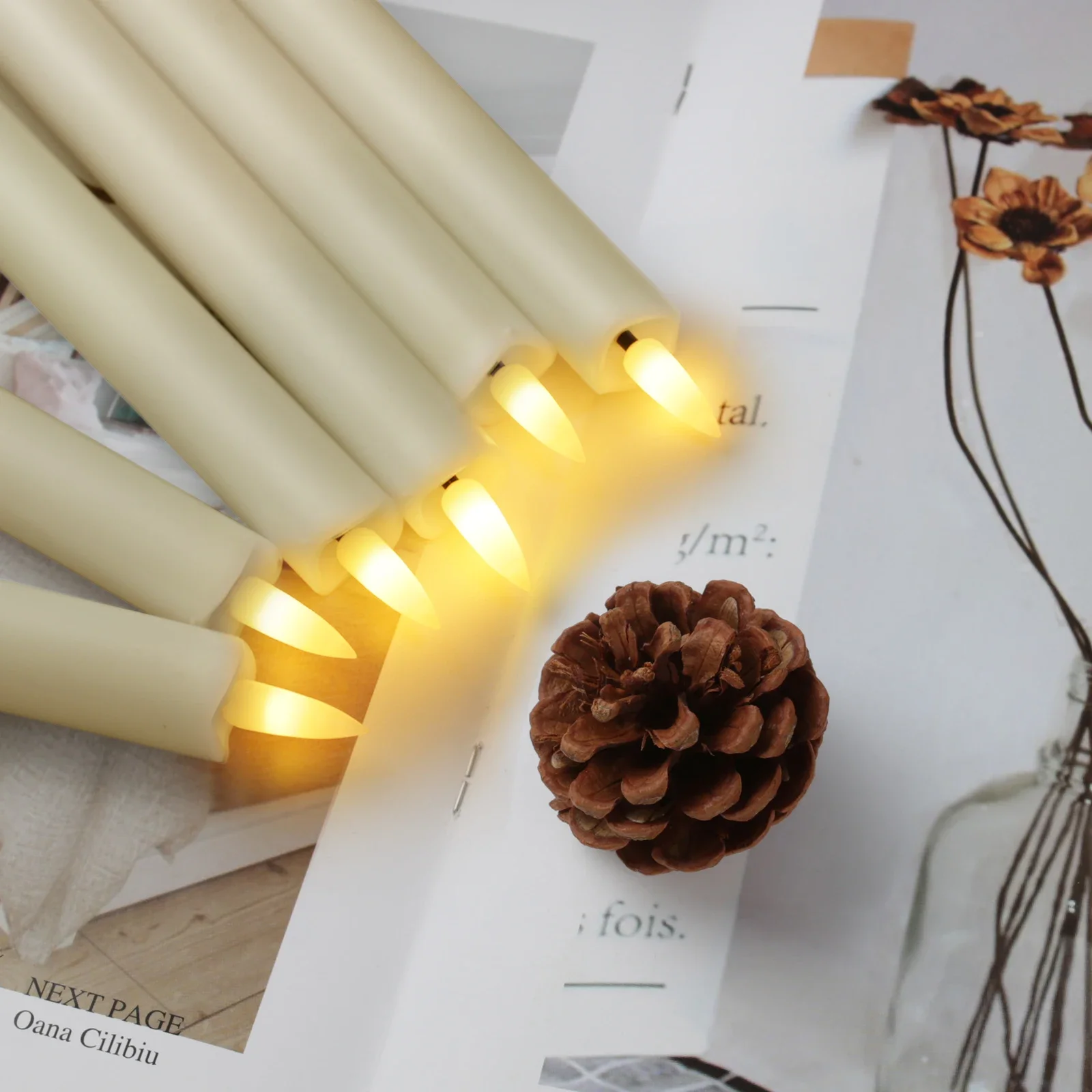6Pc White/Ivory Flameless Taper Candles with Remote Timer Battery Operated Flickering LED Candle With Base for Indoor Home Decor