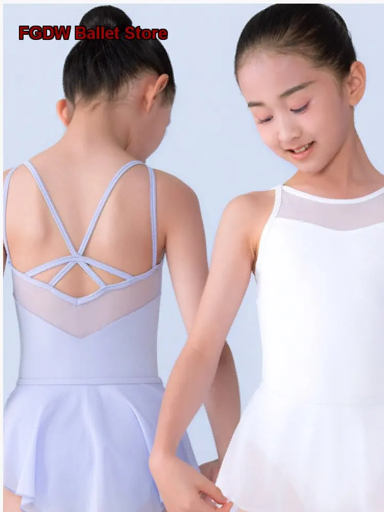 Children's Girls Dance Dress Body Suit Elastic Waist Mesh Short Sleeve Practice Leotard Kids