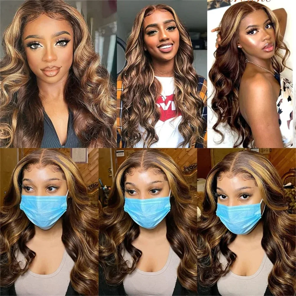 200% 4/24 하이라이트 바디 웨이브 레이스 프론탈 가발 13x6 HD 브라질리언 투명 36인치 프리 플러킹 100% 인모 레이스 프론트 가발